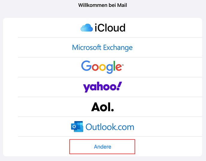 Screenshot: Liste der E-Mail-Anbieter, 'Andere' ist ausgewählt