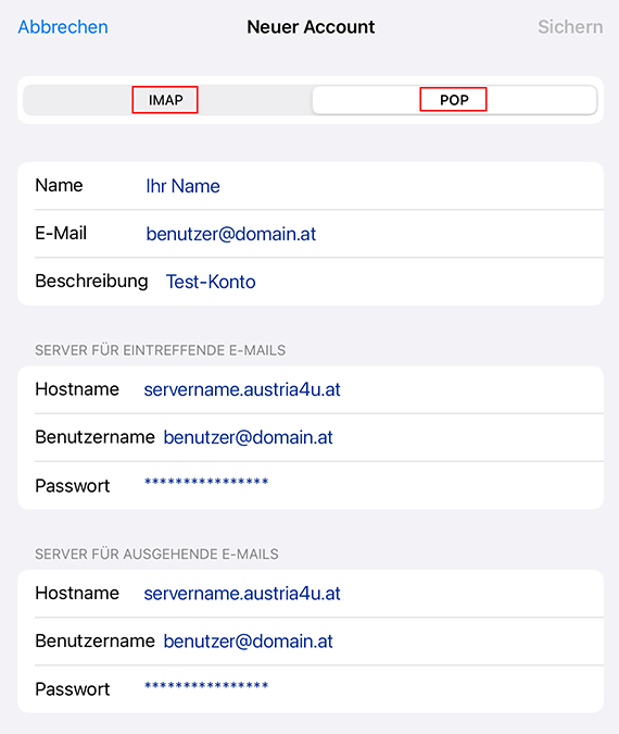 Screenshot: Daten für Server eingehende und ausgehende E-Mails