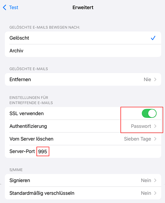 Screenshot: Daten für Server eingehende E-Mails