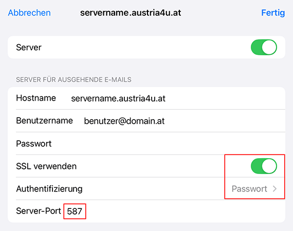 Screenshot: Daten für ausgehende E-Mails